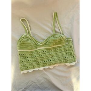 Sweet Republic Sage Green White Crochet Knit Floral Daisy Halter Crop Top Size M